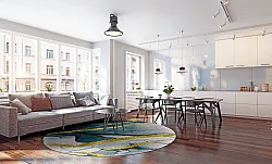 Rundt tæppe - Alvaro (blå/hvid/guld)