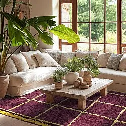 Ryatæpper - Lana Natural Cotton Shaggy (bordeaux/gul)