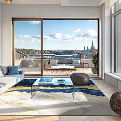 Wilton-tæppe - Padova (blå/hvid/guld)