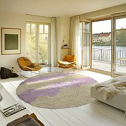 Rundt tæppe - Amira Natural Cotton Shaggy (beige/lilla)