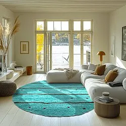 Rundt tæppe - Leora Natural Cotton Shaggy (turkis/brun)