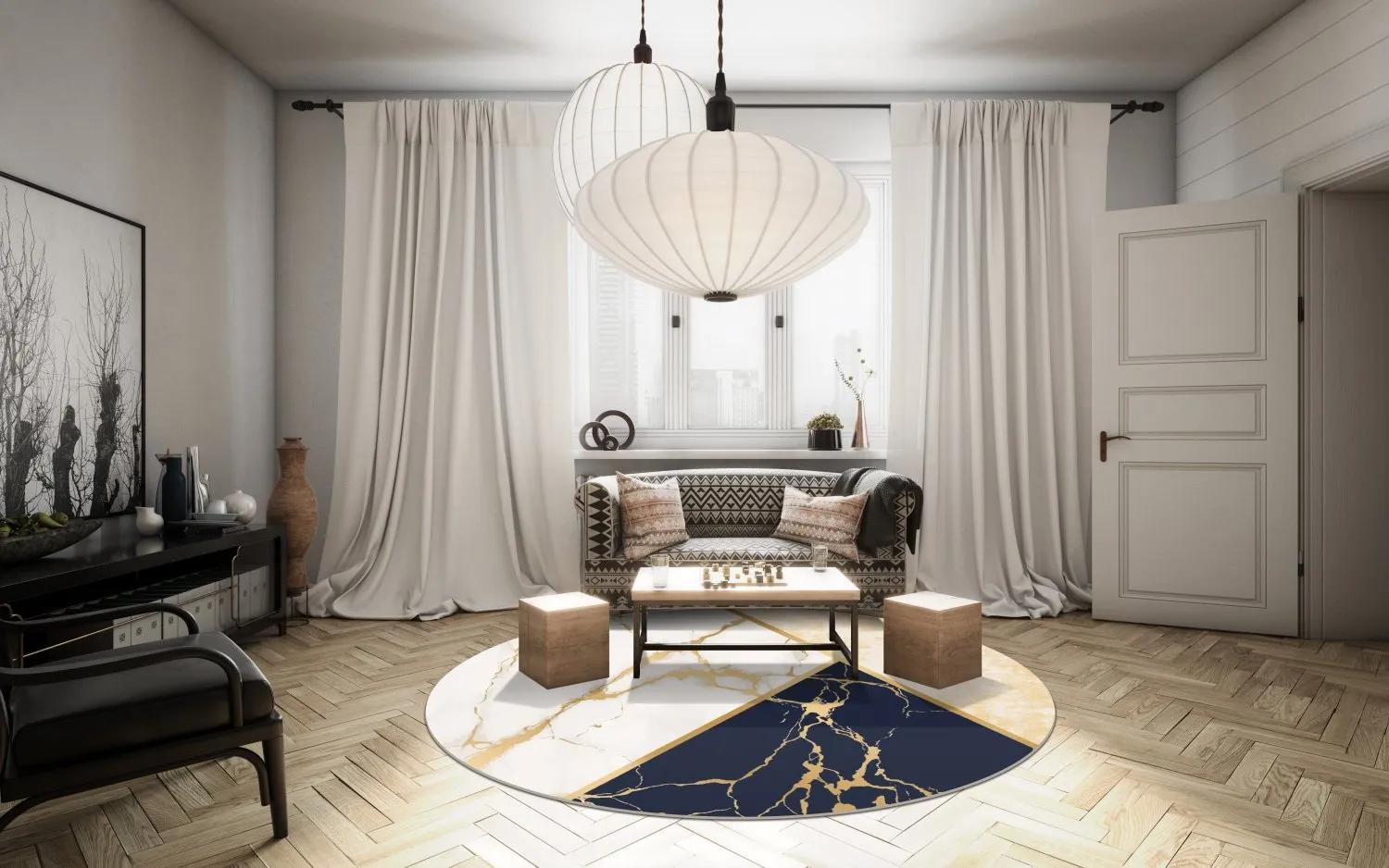 Rundt tæppe - Canelli (beige/hvid/blå)