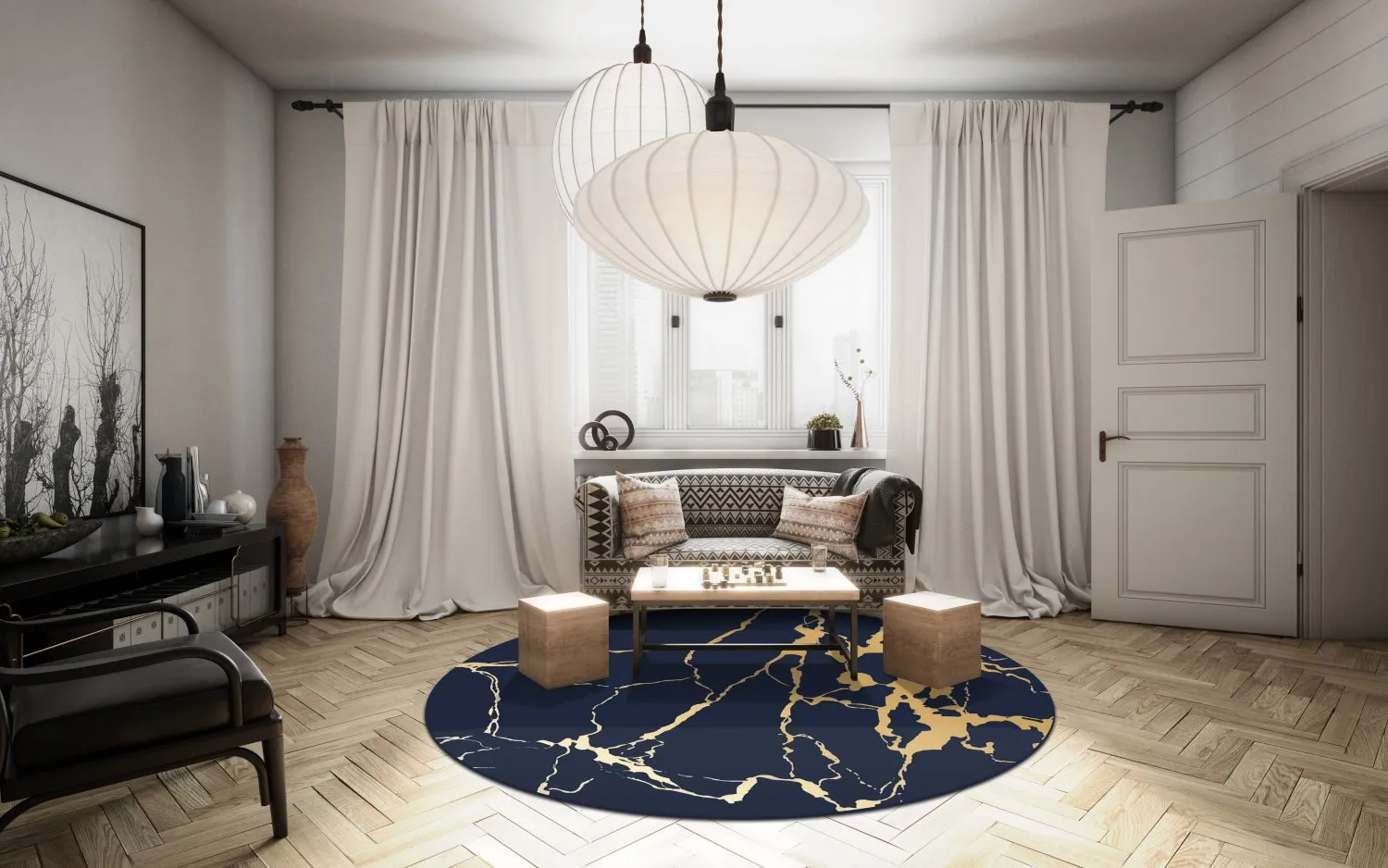 Rundt tæppe - Cesina (sort/guld)