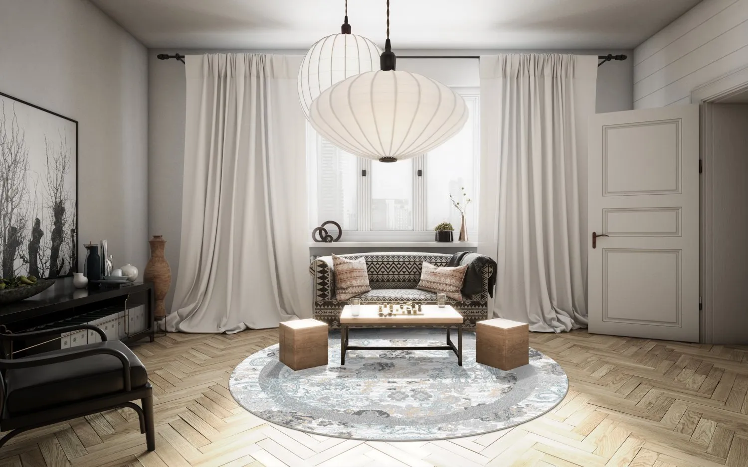 Rundt tæppe - Lefkada (hvid/multi)