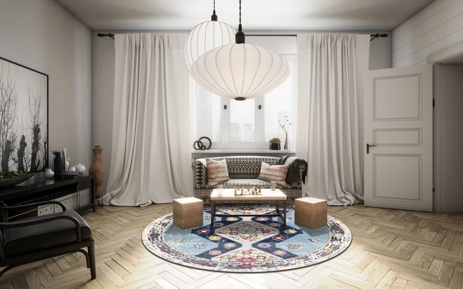 Rundt tæppe - Mazzarino (blå/multi)