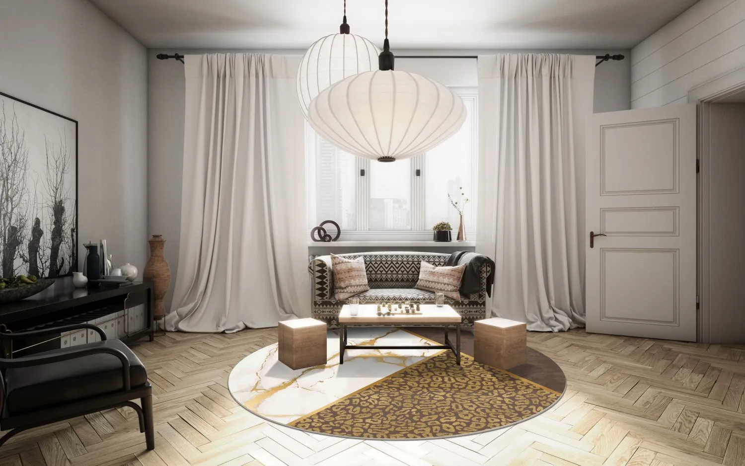 Rundt tæppe - Granada (brun/hvid/guld)