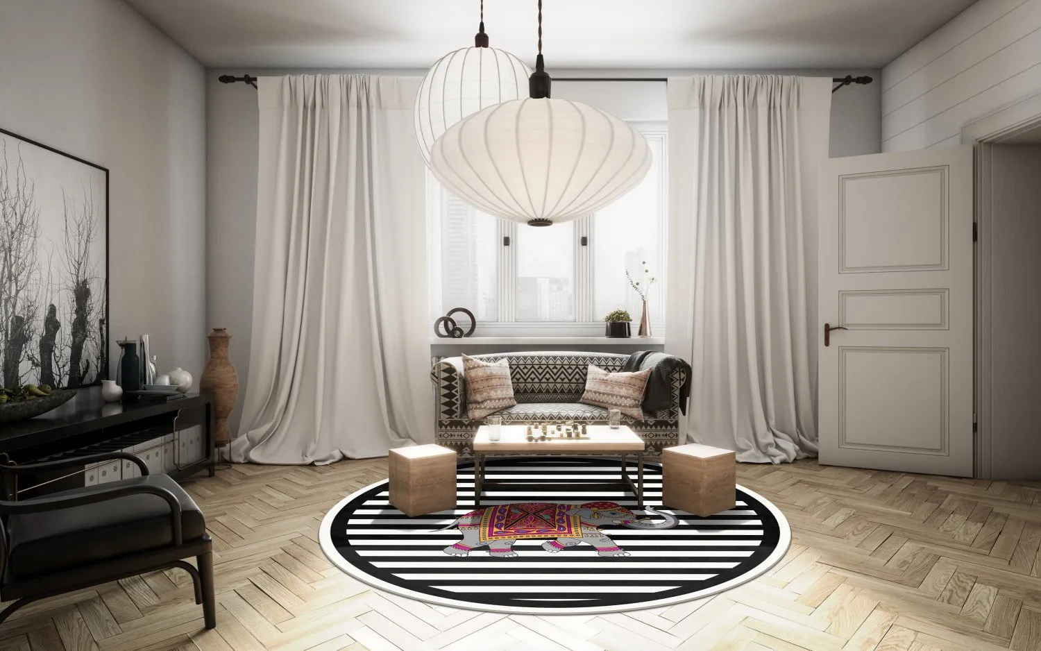 Rundt tæppe - Develi (sort/hvid)