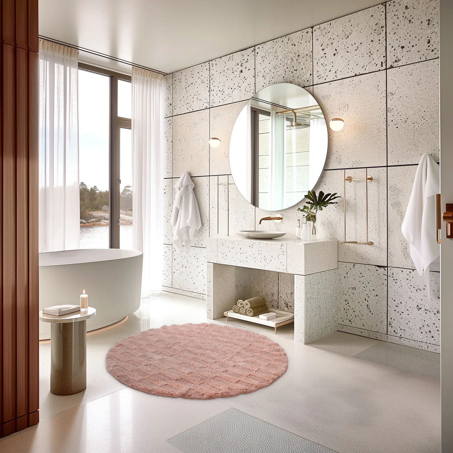 Rund badeværelsesmåtte - Bevin (lyserød)