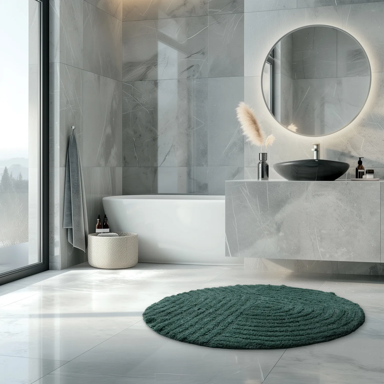 Rund badeværelsesmåtte - Embla (mørkegrøn)