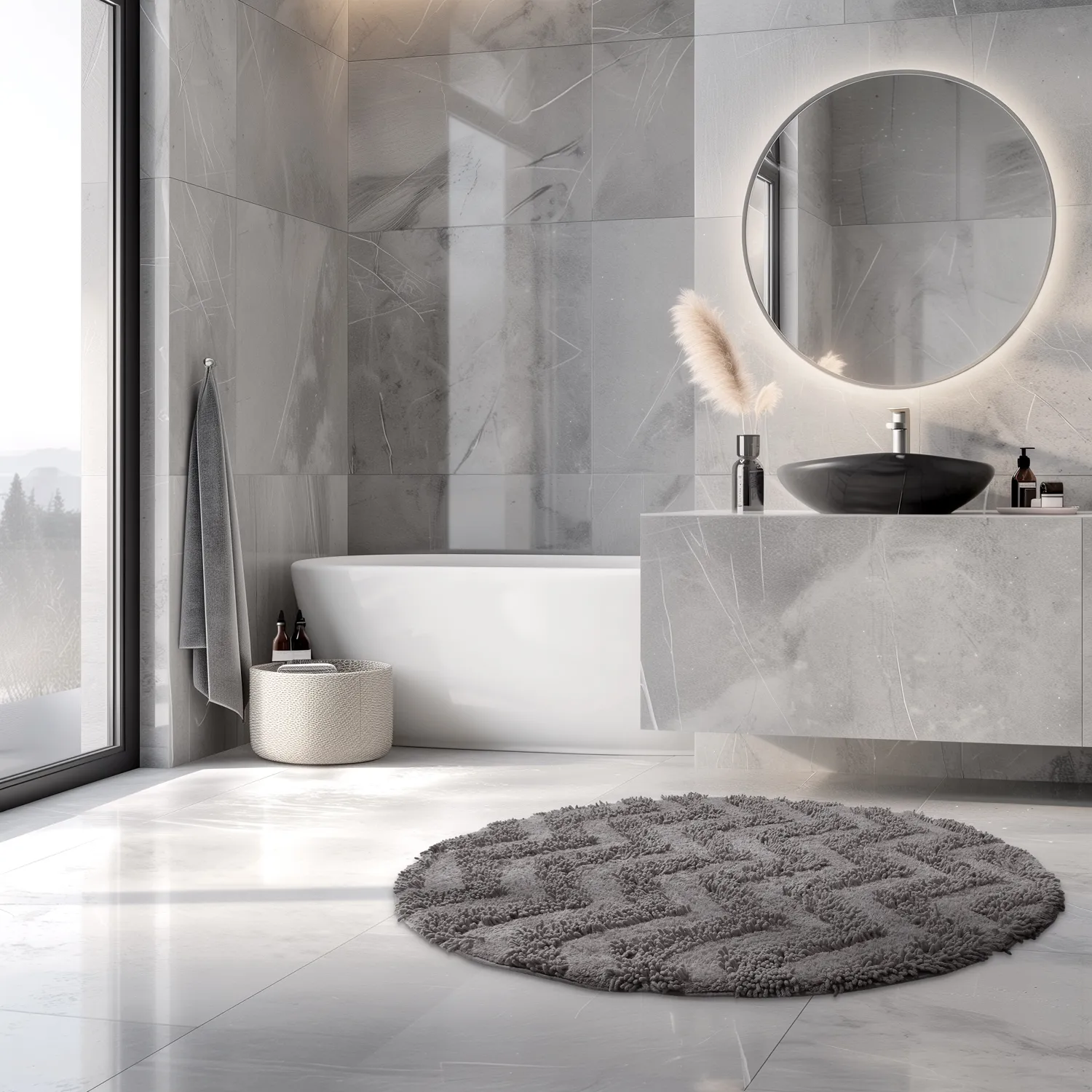Rund badeværelsesmåtte - Tressa (mørkegrå)
