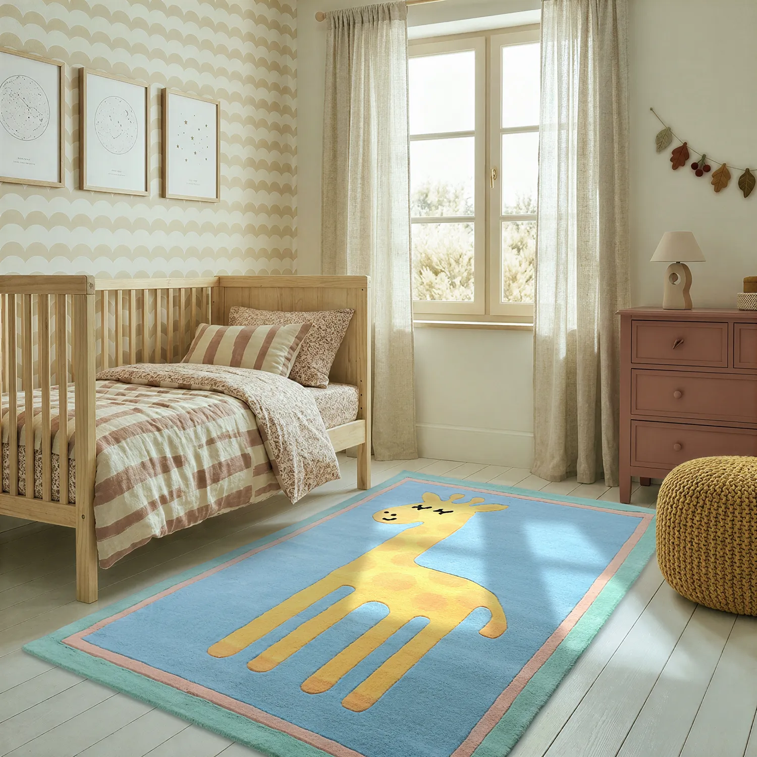 Børnetæppe - Giraffe Hand Tufted Wool Premium (lyseblå/multi)