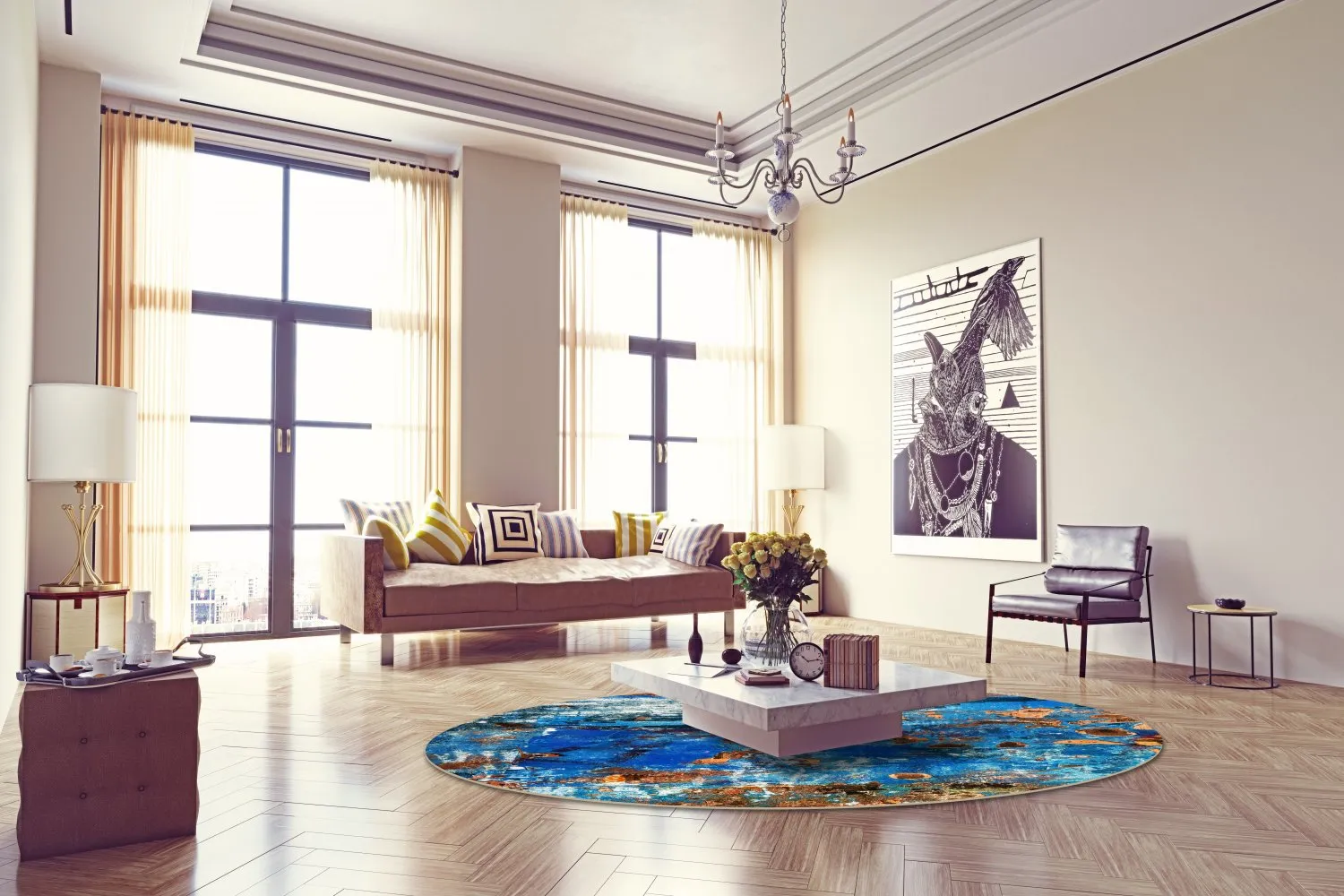 Rundt tæppe - Rillo (blå)