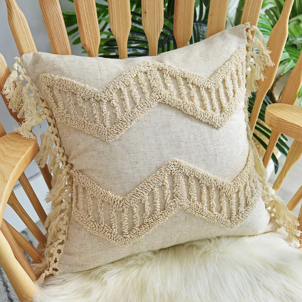 Pudebetræk - Pompom Boho 45 x 45 cm (beige)