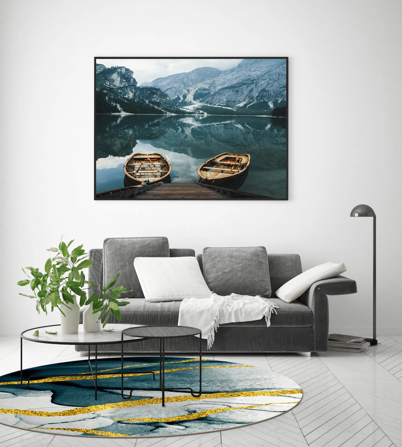 Rundt tæppe - Alvaro (blå/hvid/guld)