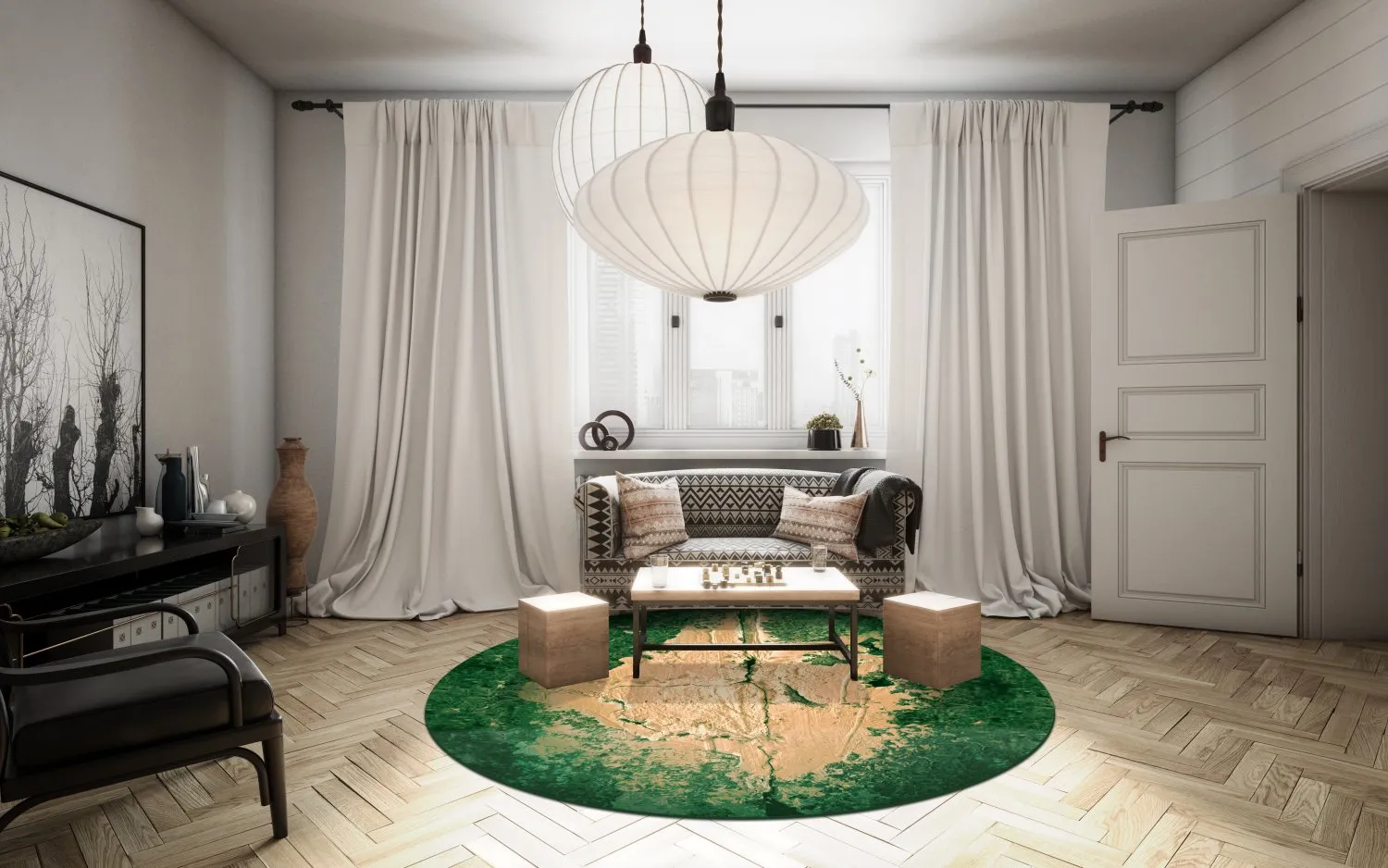 Rundt tæppe - Positano (beige/grøn)