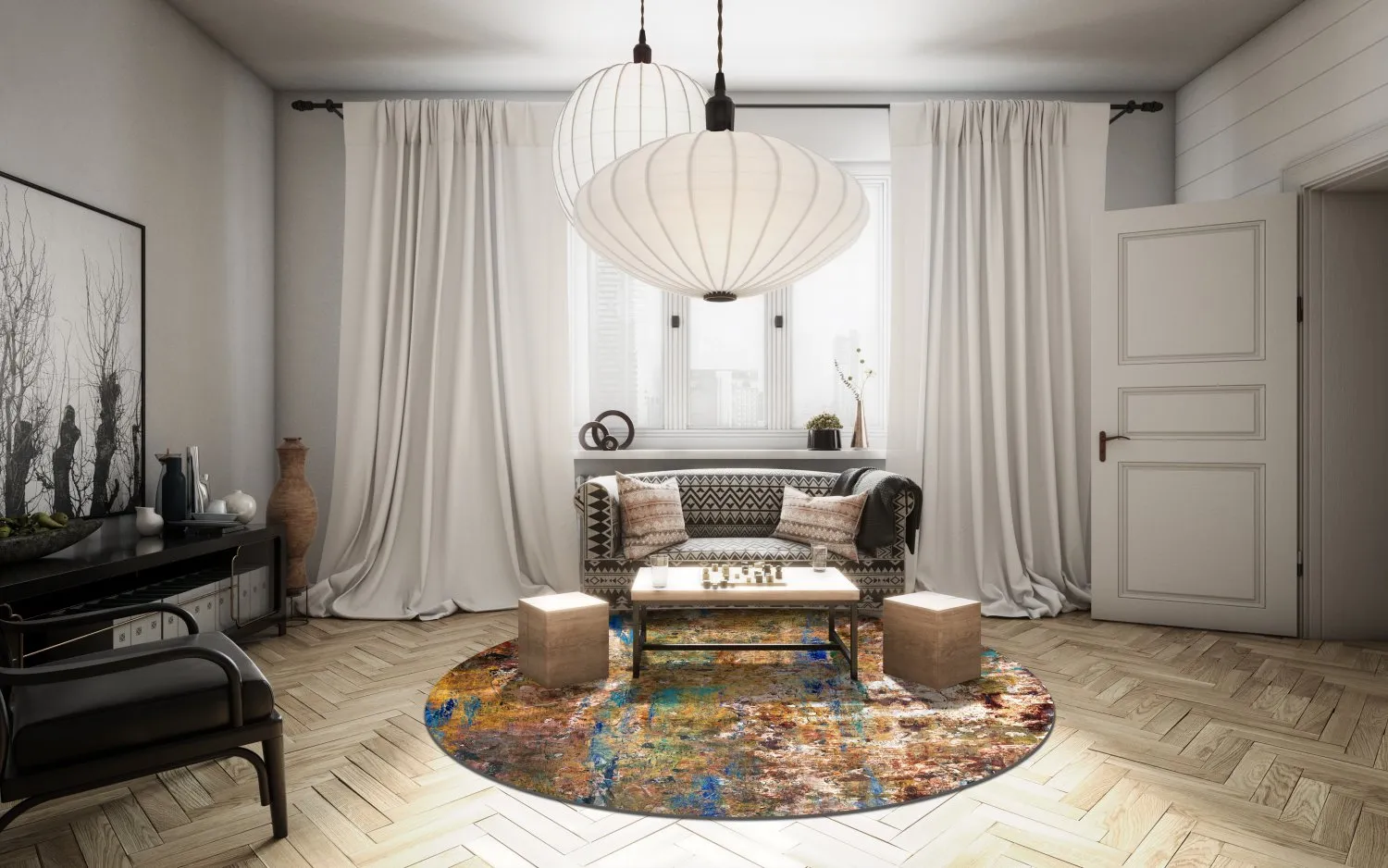 Rundt tæppe - Trepito (brun/blå/multi)