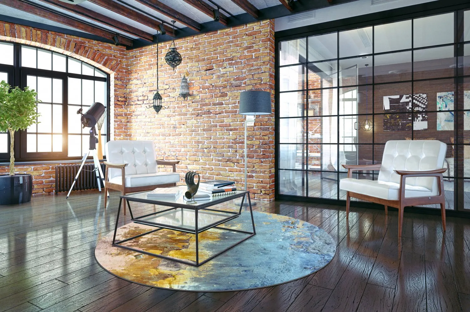 Rundt tæppe - Manlieu (blå/multi/guld)