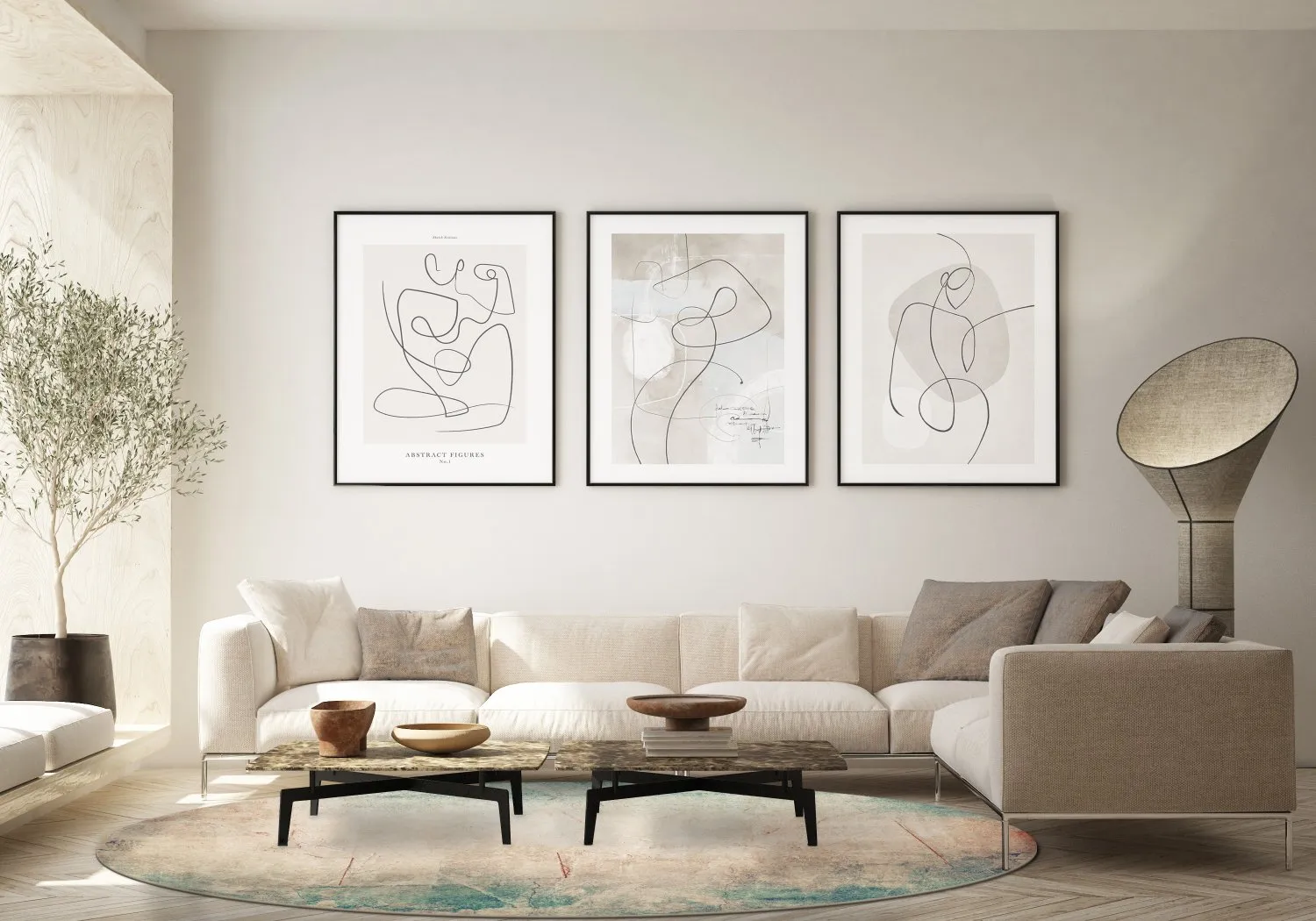 Rundt tæppe - Giave (beige/blå)