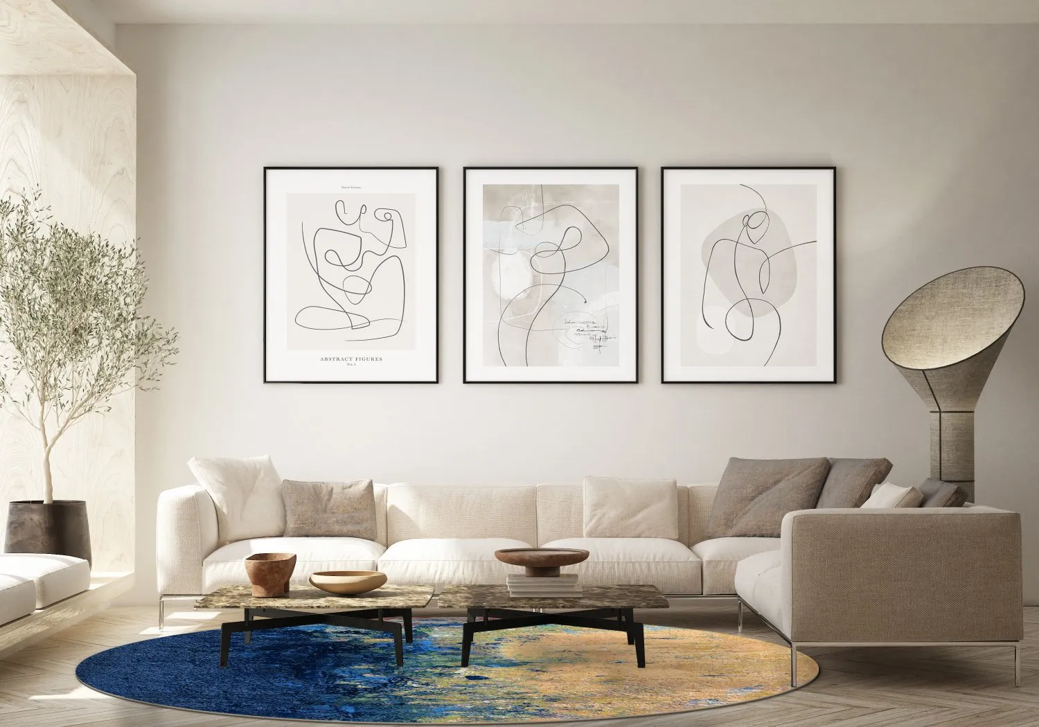 Rundt tæppe - Sindia (beige/blå)