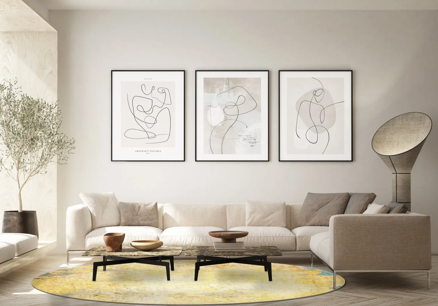 Rundt tæppe - Palau (guld/beige/blå)