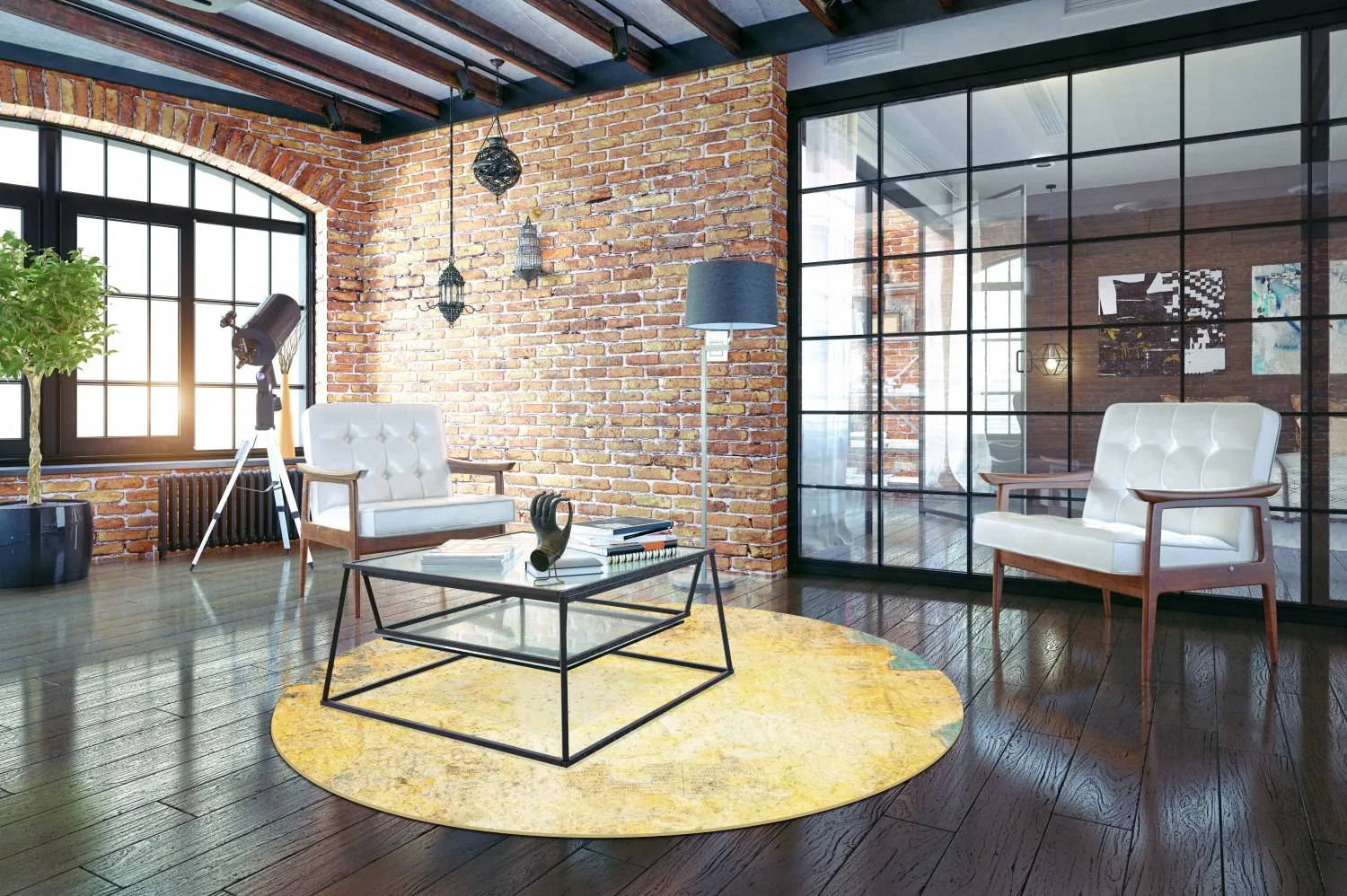 Rundt tæppe - Palau (guld/beige/blå)