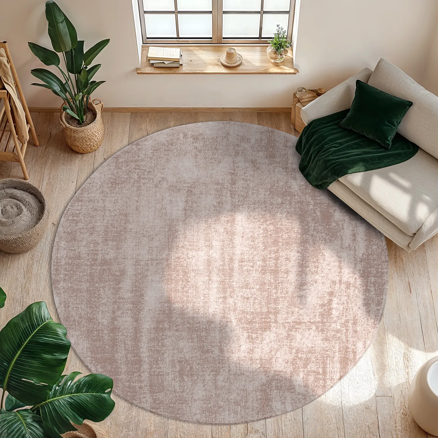 Rundt tæppe - Recycled PET with viscose look (lysebrun)