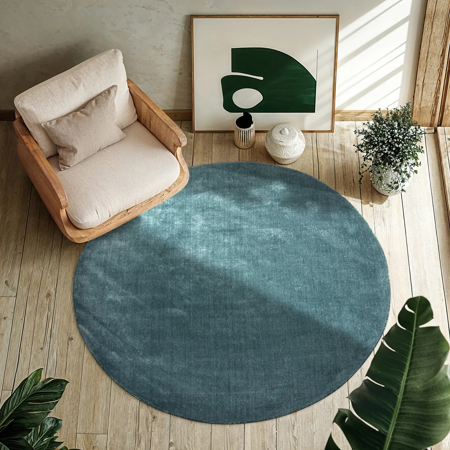 Rundt tæppe - Recycled PET with viscose look (stålblå)