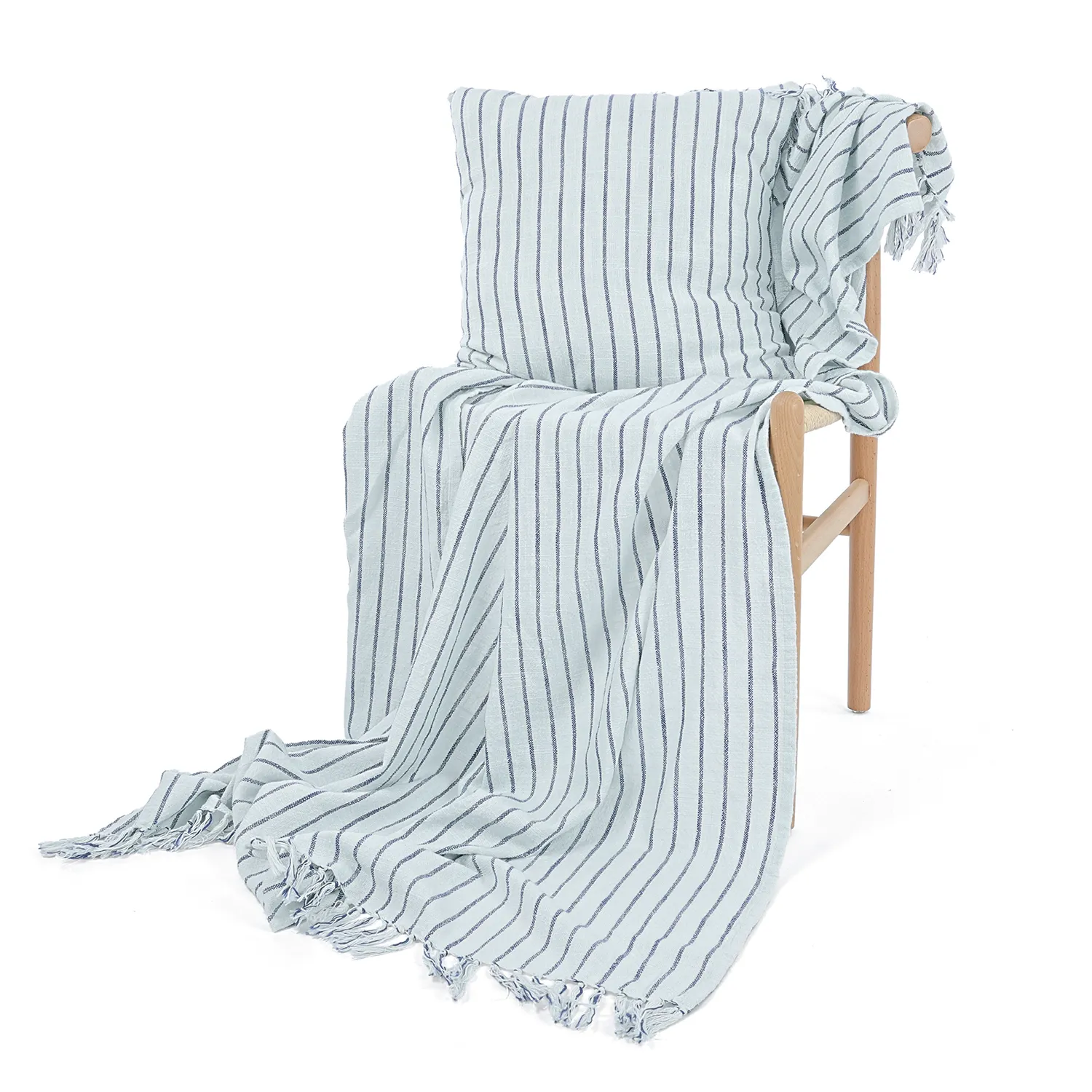 Plaid - Rumi stripe cotton throw (lyseblå/marineblå/creme)