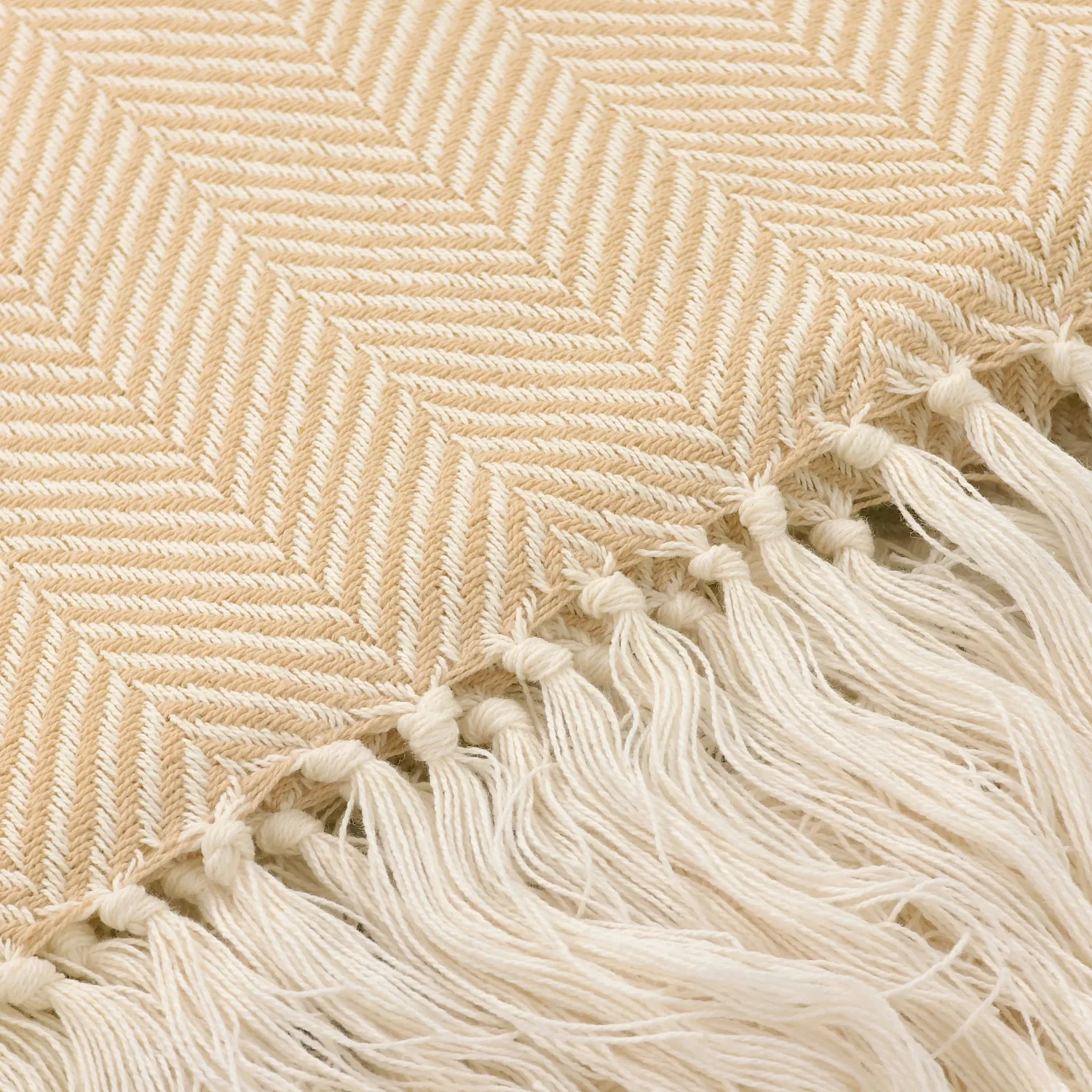 Tæpper - Bomuldsplaid - Denisa Fishbone (beige/hvid)