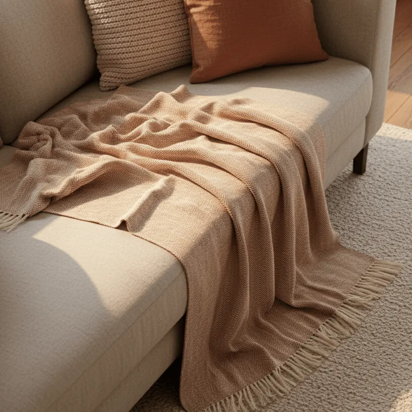 Tæpper - Bomuldsplaid - Denisa Fishbone (brun/hvid)