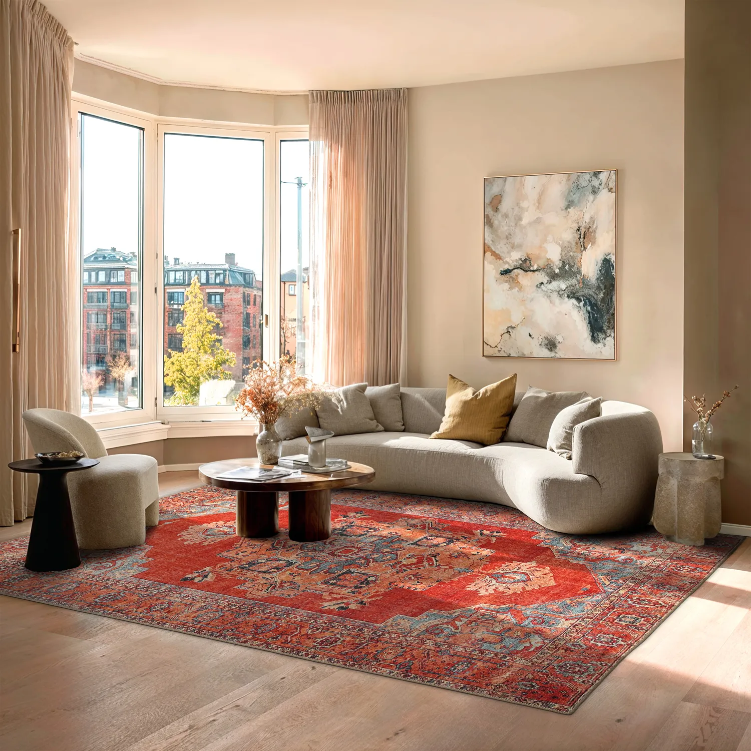 Fladvævet tæppe - Madevan (rød)