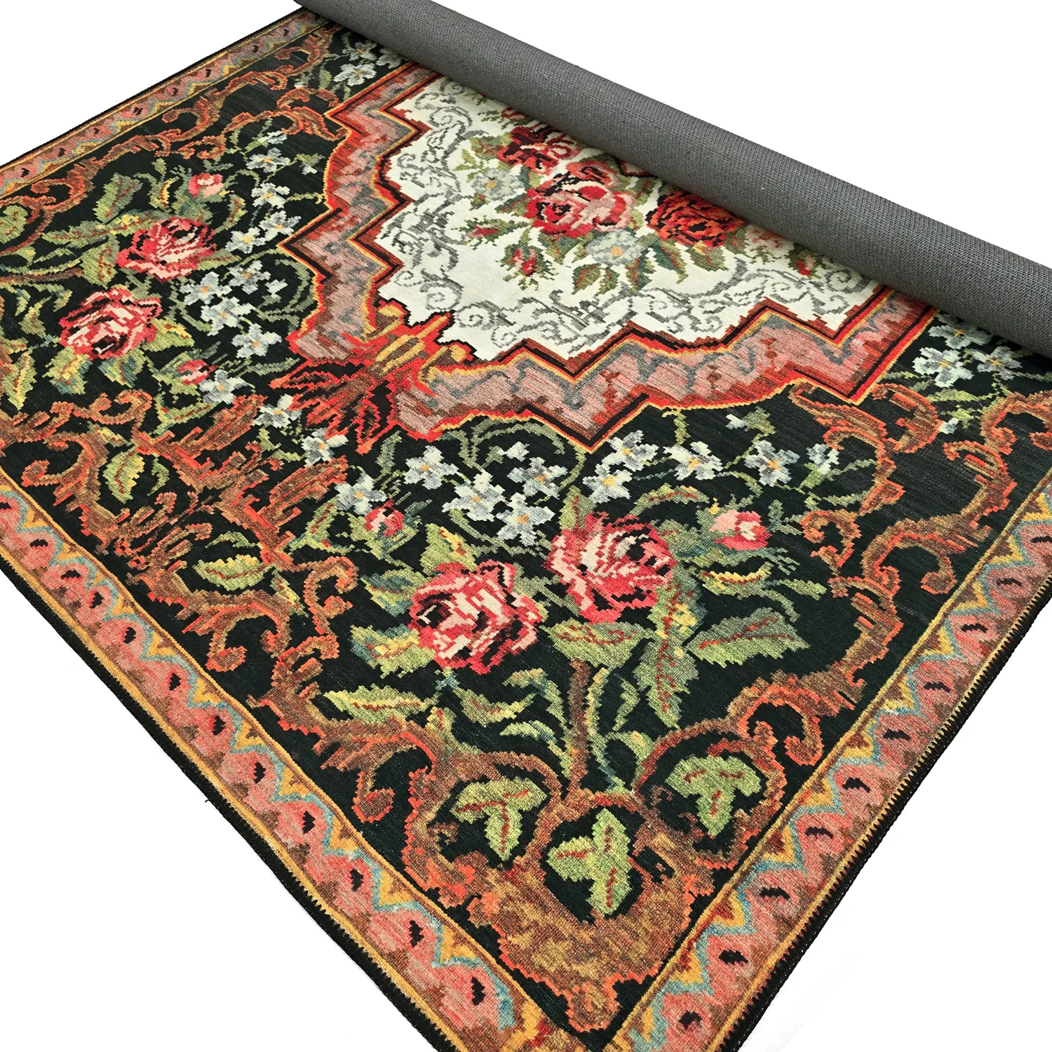 Fladvævet tæppe - Masarida (sort/multi)