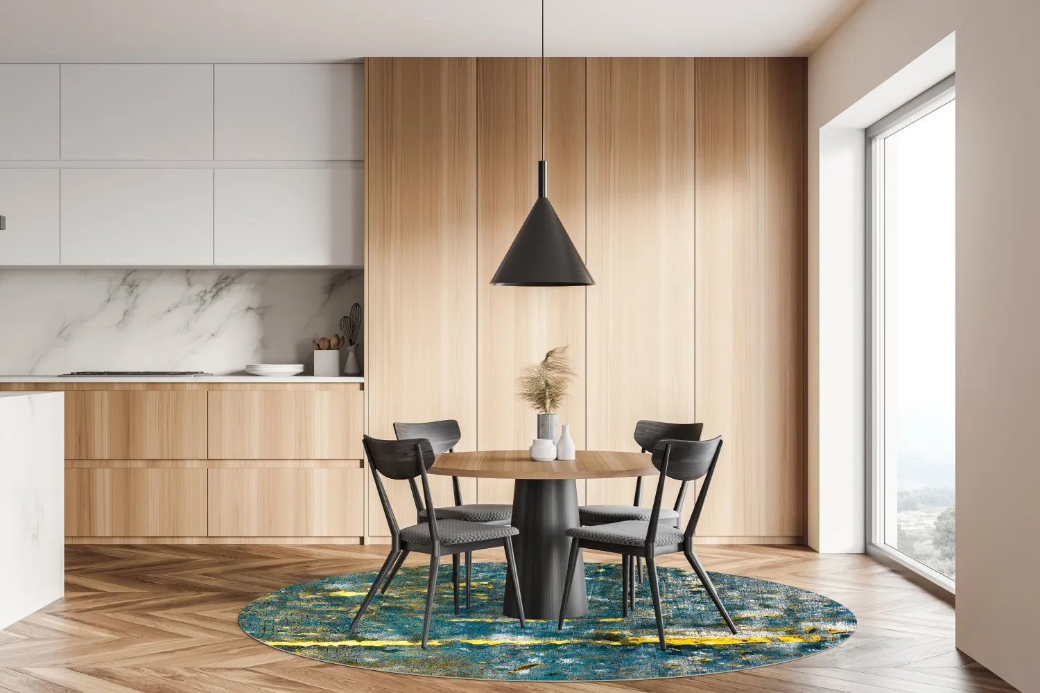 Rundt tæppe - Mira (gul-blå)