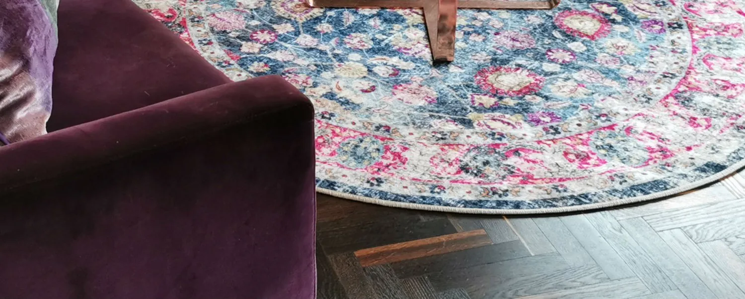 Rundt tæppe - Bouhjar (blå/rosa/multi)