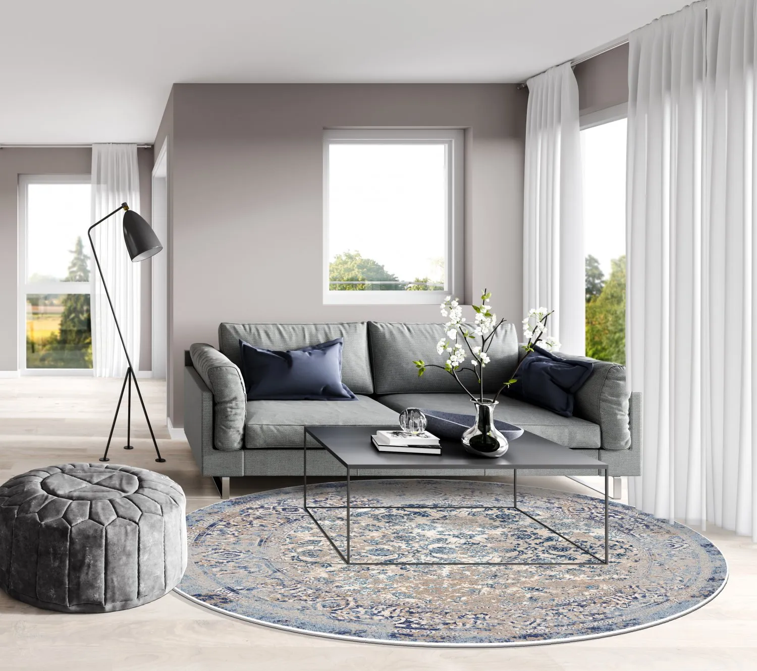 Rundt tæppe - Denizli (blå)