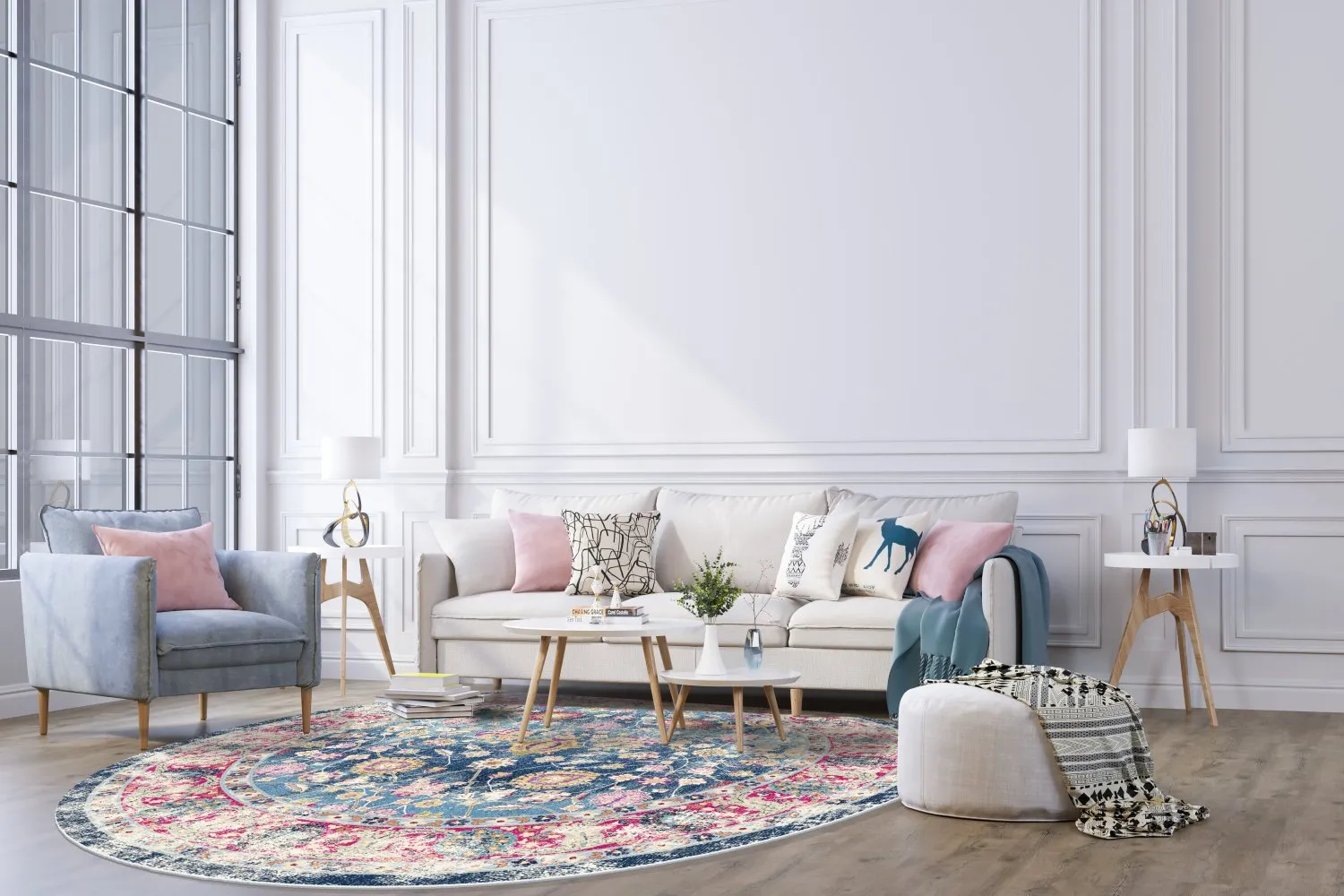 Rundt tæppe - Bouhjar (blå/rosa/multi)