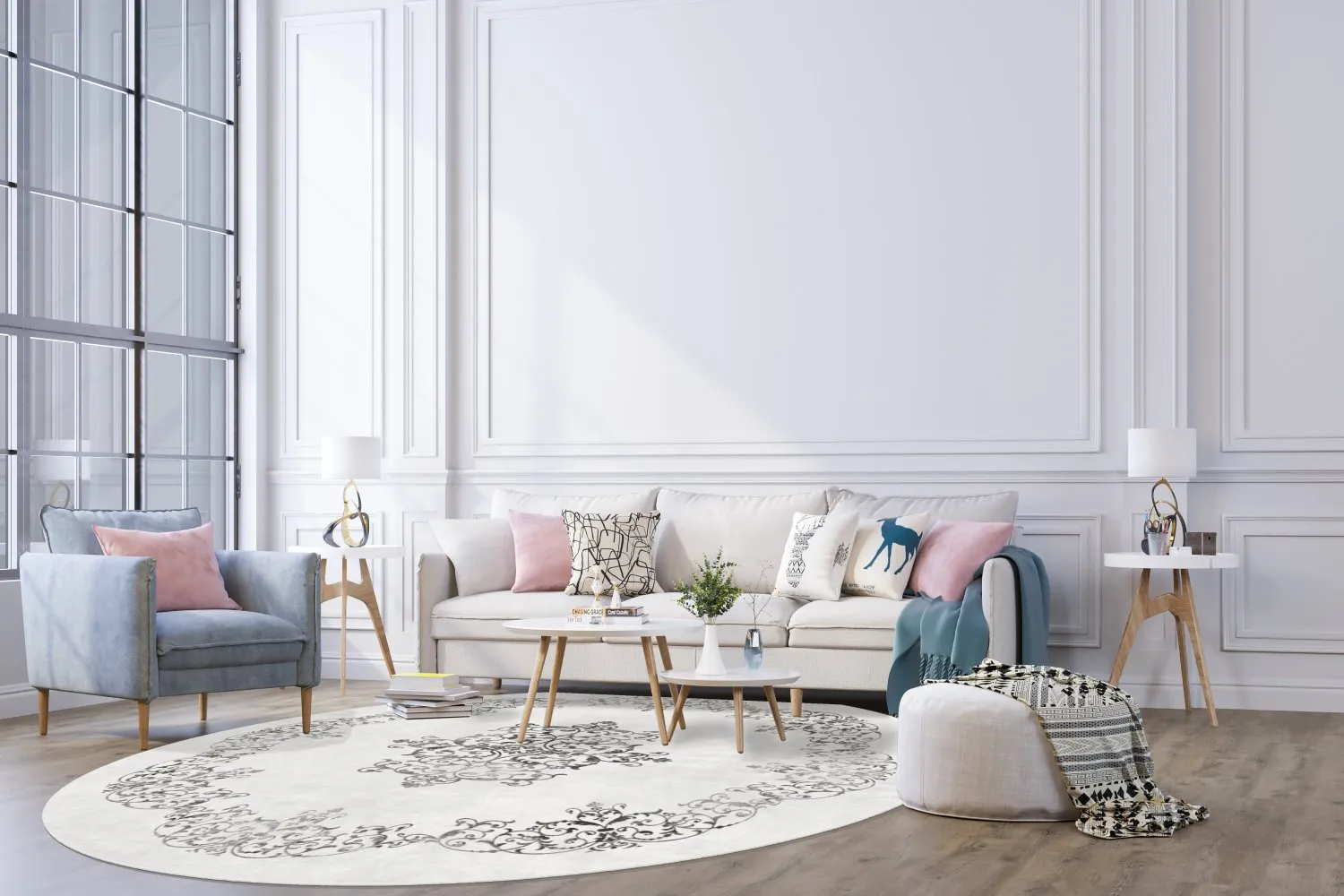 Rundt tæppe - Santi (hvid/sort)