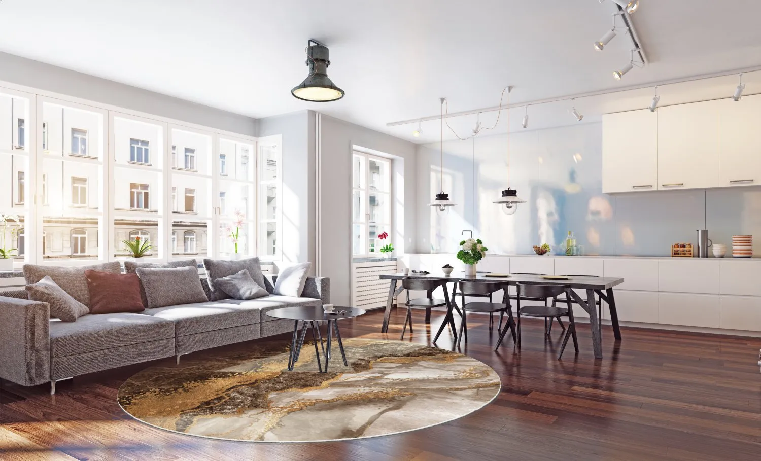 Rundt tæppe - Padova (brun/hvid/guld)