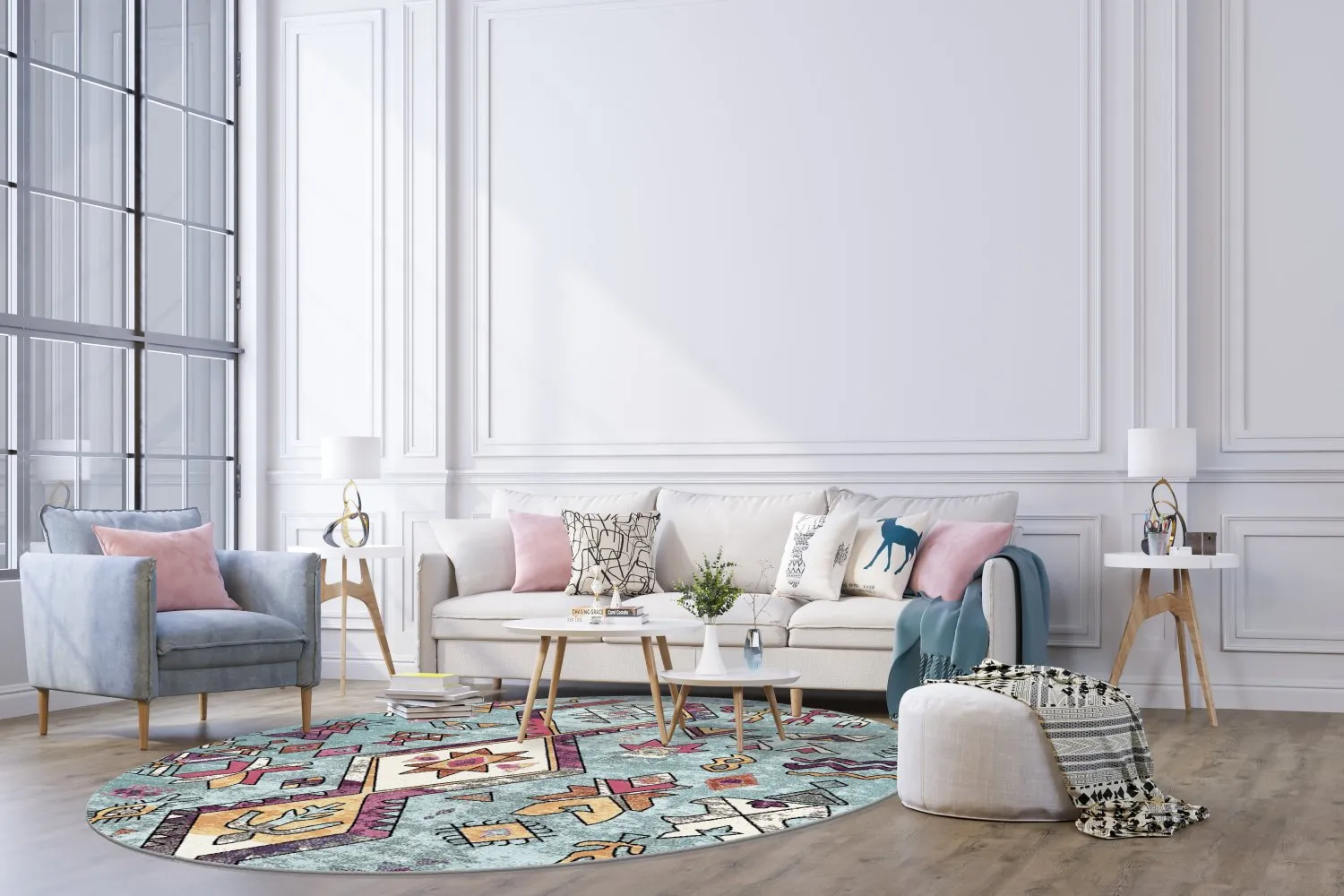 Rundt tæppe - Misare (blå/multi)