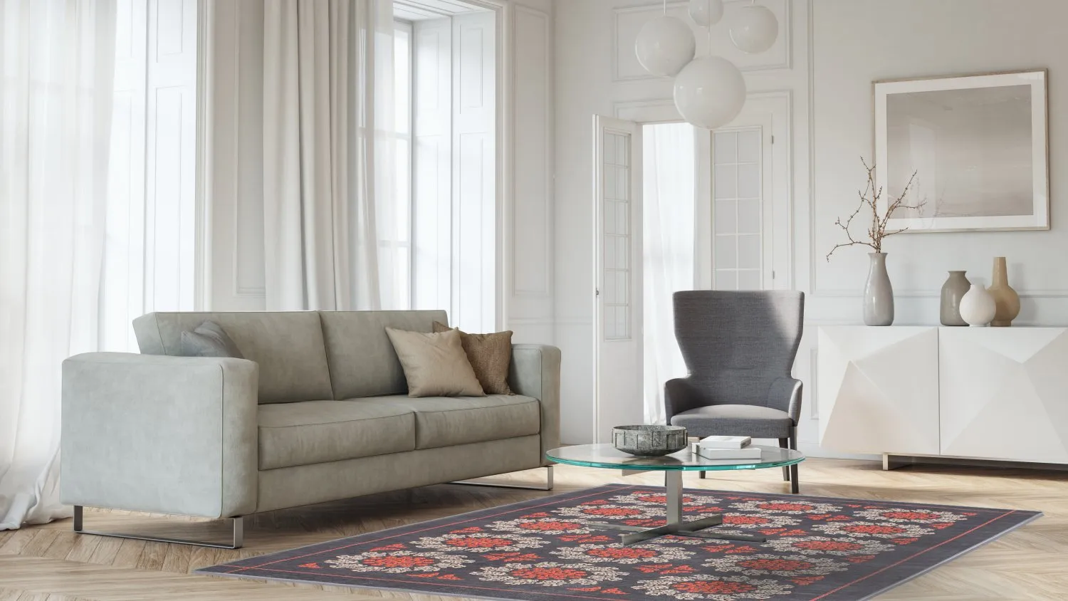 Wilton-tæppe - Florina (grå/blå/orange)