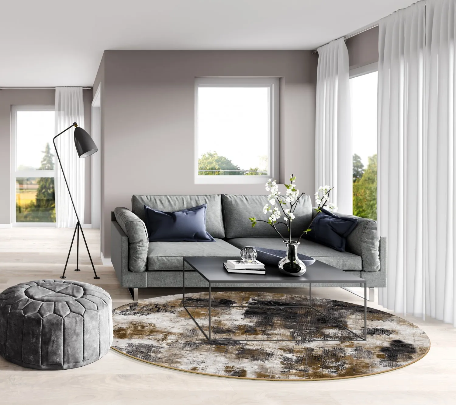 Rundt tæppe - Flores (sort/brun/hvid)