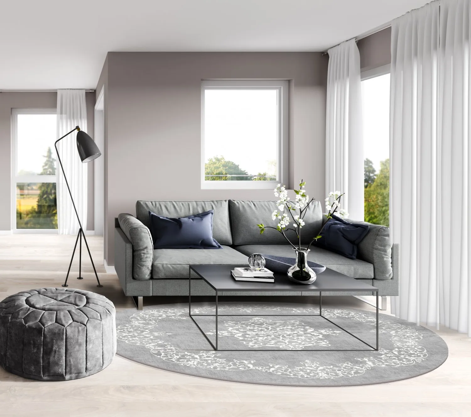 Rundt tæppe - Santi (grå/hvid)