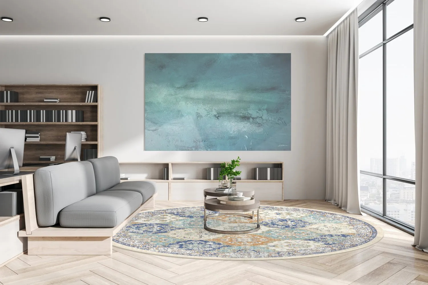 Rundt tæppe - Bohemia (blå/multi)