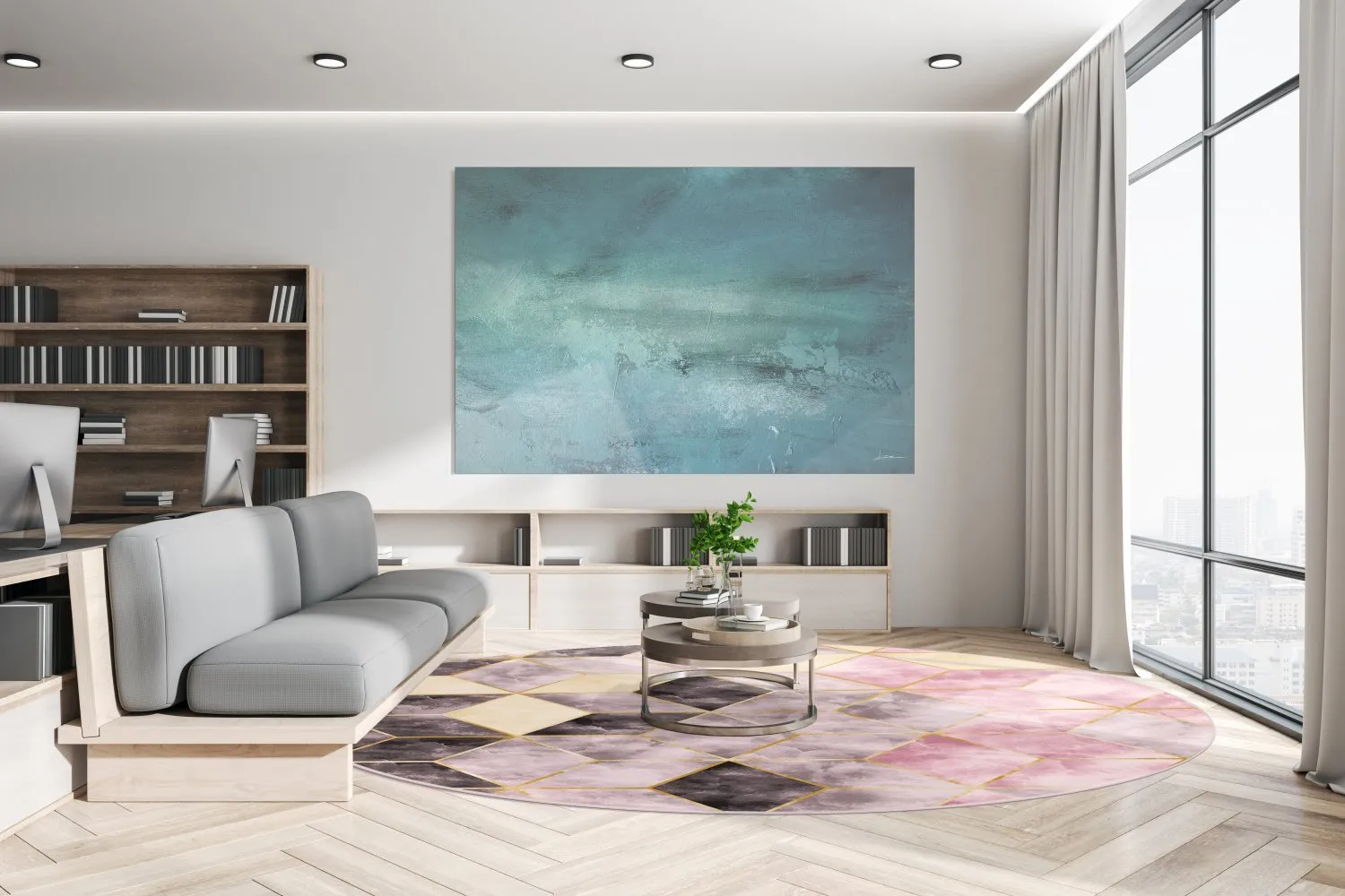 Rundt tæppe - Brendola (lyserød/grå/guld)