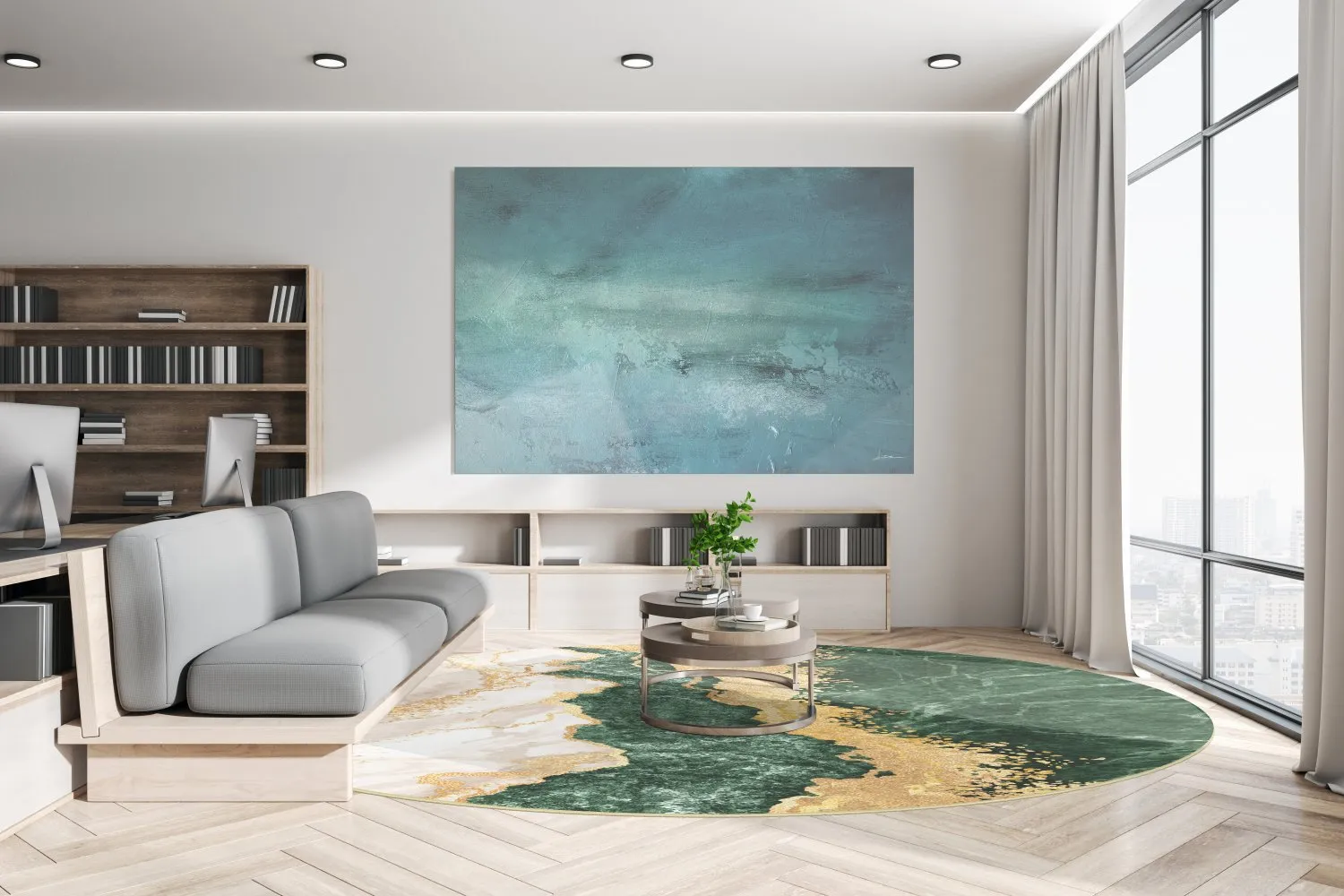 Rundt tæppe - Padova (grøn/hvid/guld)