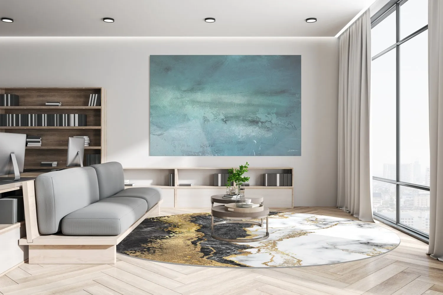 Rundt tæppe - Padova (sort/hvid/guld)