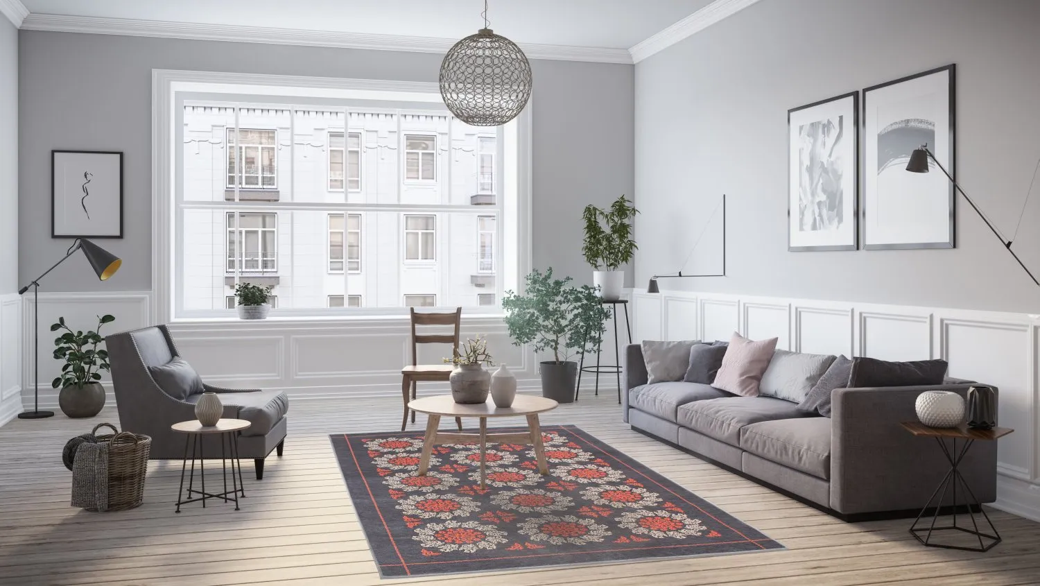 Wilton-tæppe - Florina (grå/blå/orange)