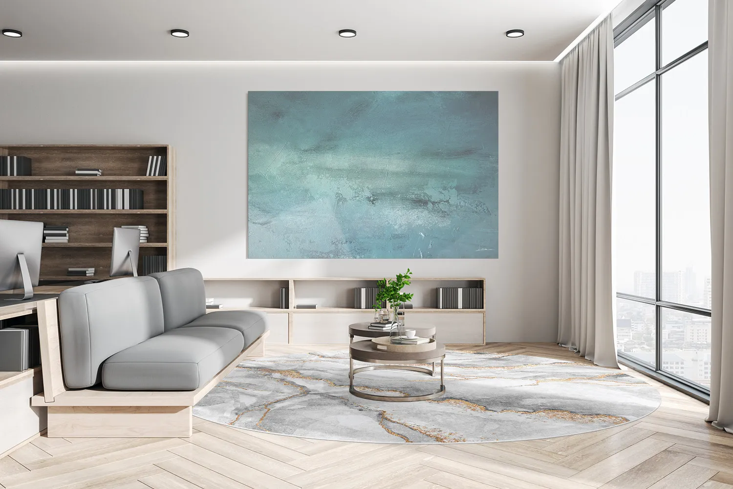 Rundt tæppe - Genova (grå/hvid/guld)