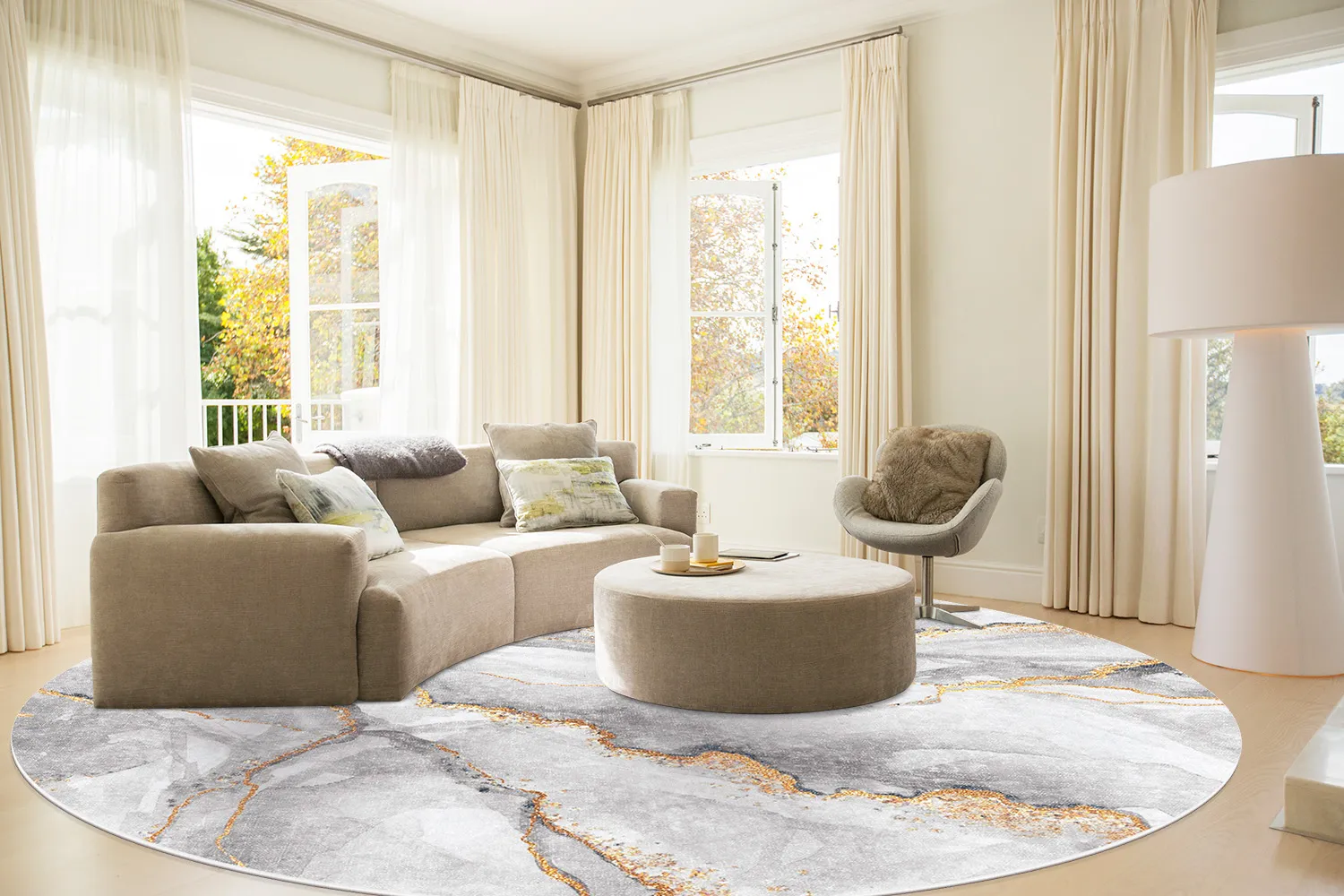 Rundt tæppe - Genova (grå/hvid/guld)