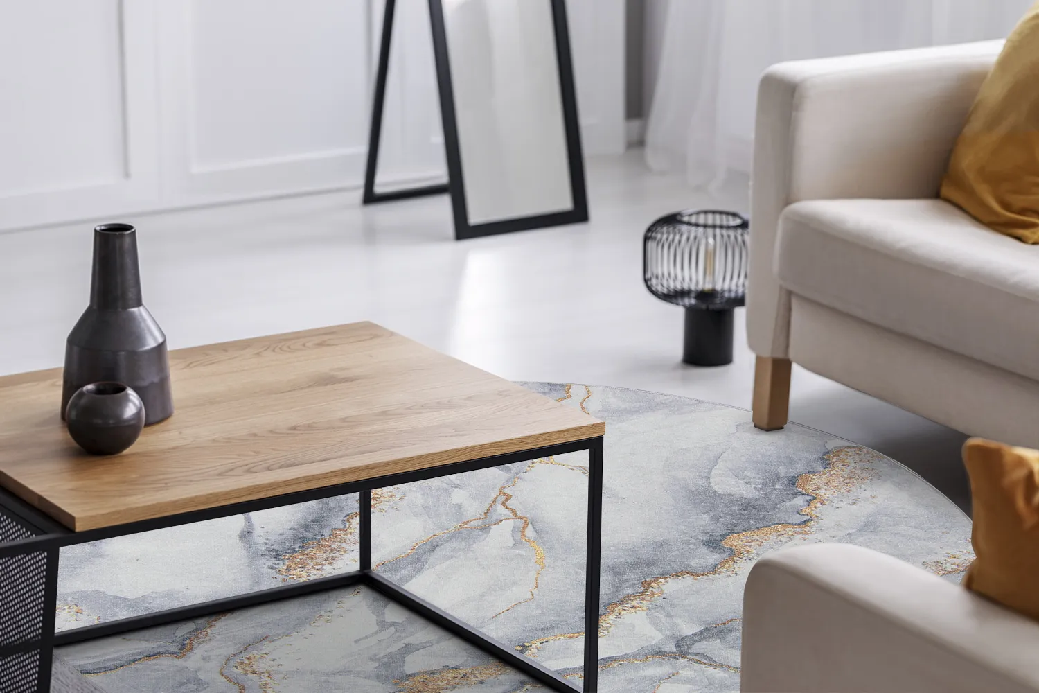 Rundt tæppe - Genova (grå/hvid/guld)